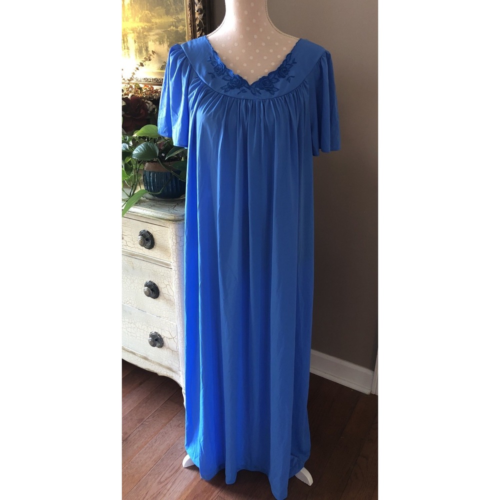 Vtg Shadowline Nightgown Long Royal Blue Embroidery Flutter Sleeve Women's Large